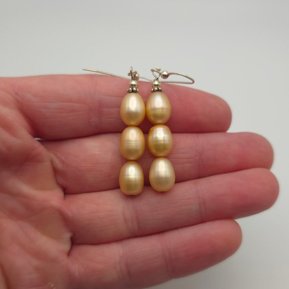 925 Sterling Silver 9.6mm x 8mm Cream Pearls Dangle Earrings